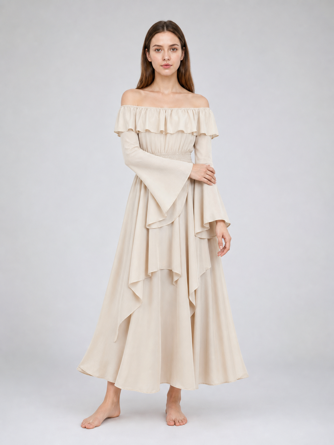 Red off-the-shoulder maxi evening dress