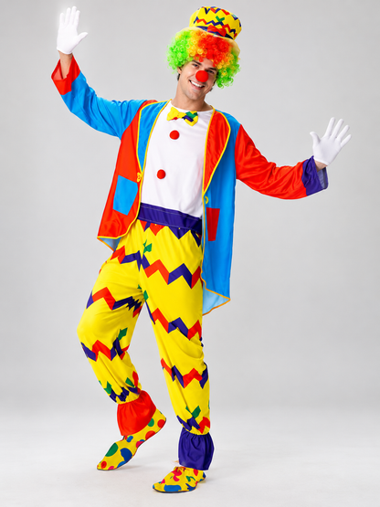 Colorful Clown Costume with Jumpsuit, Cape, and Hat