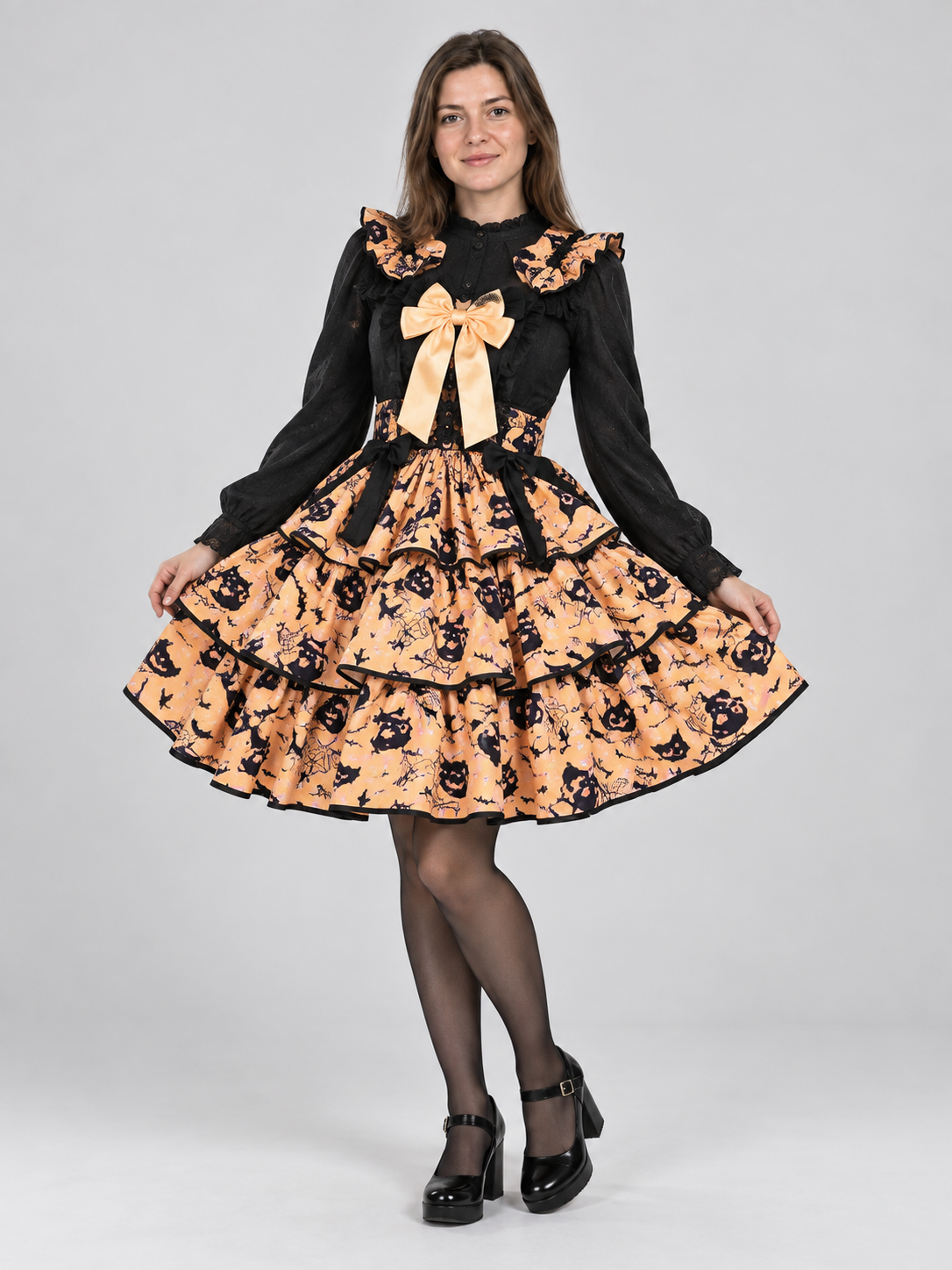 Black and orange witch costume with a puffy skirt