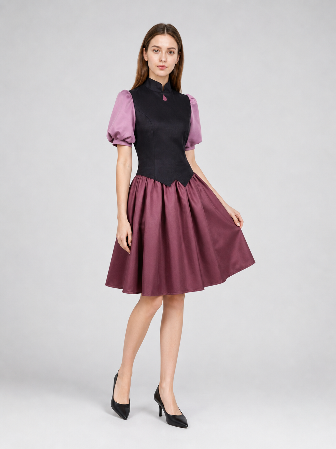 Amity Cosplay Costume: Black Top and Burgundy Skirt