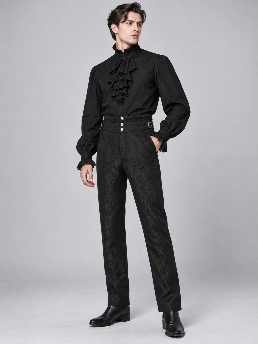 Black cosplay pants with a raised pattern