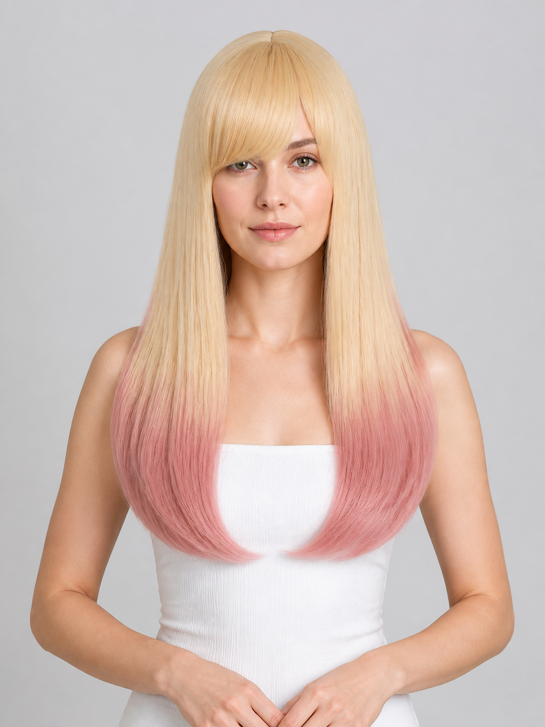 Long Carnival Wig with Bangs, Blonde-to-Pink Gradient Costume Wigs detail