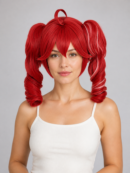 Red cosplay wig with pink strands Costume Wigs detail