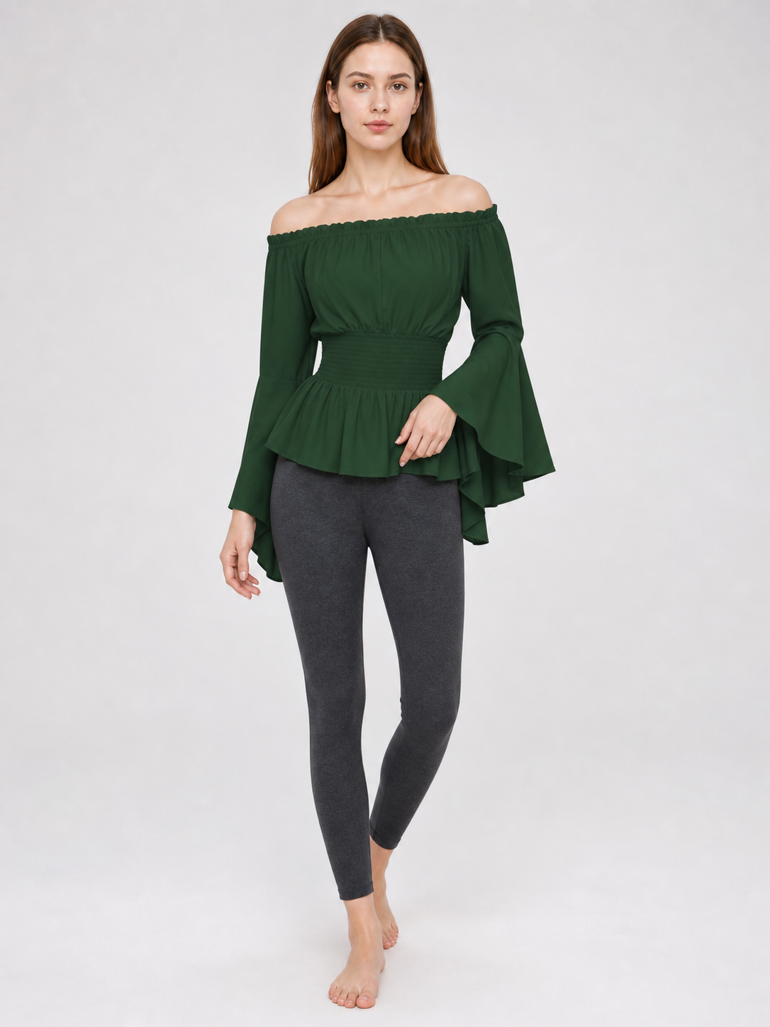 Dark Green Off-the-Shoulder Peplum Blouse