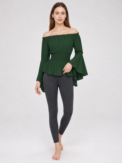 Dark Green Off-the-Shoulder Peplum Blouse