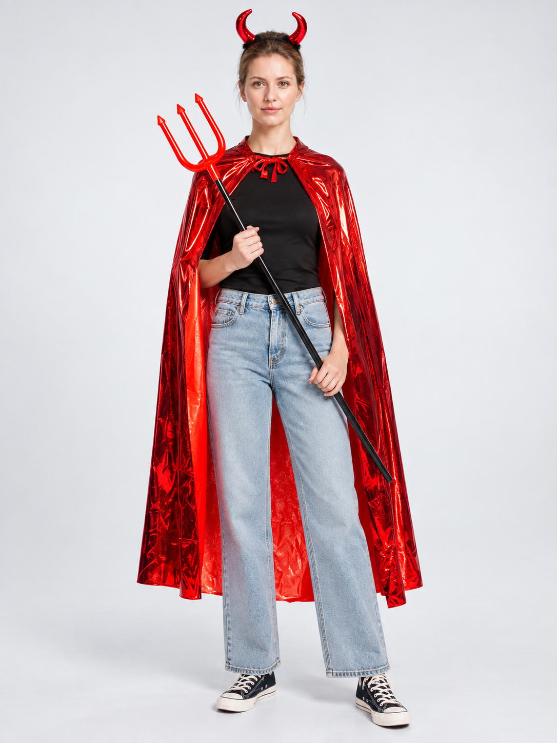 Red Costume with Cape, Horn Headband, and Trident Costume Capes detail