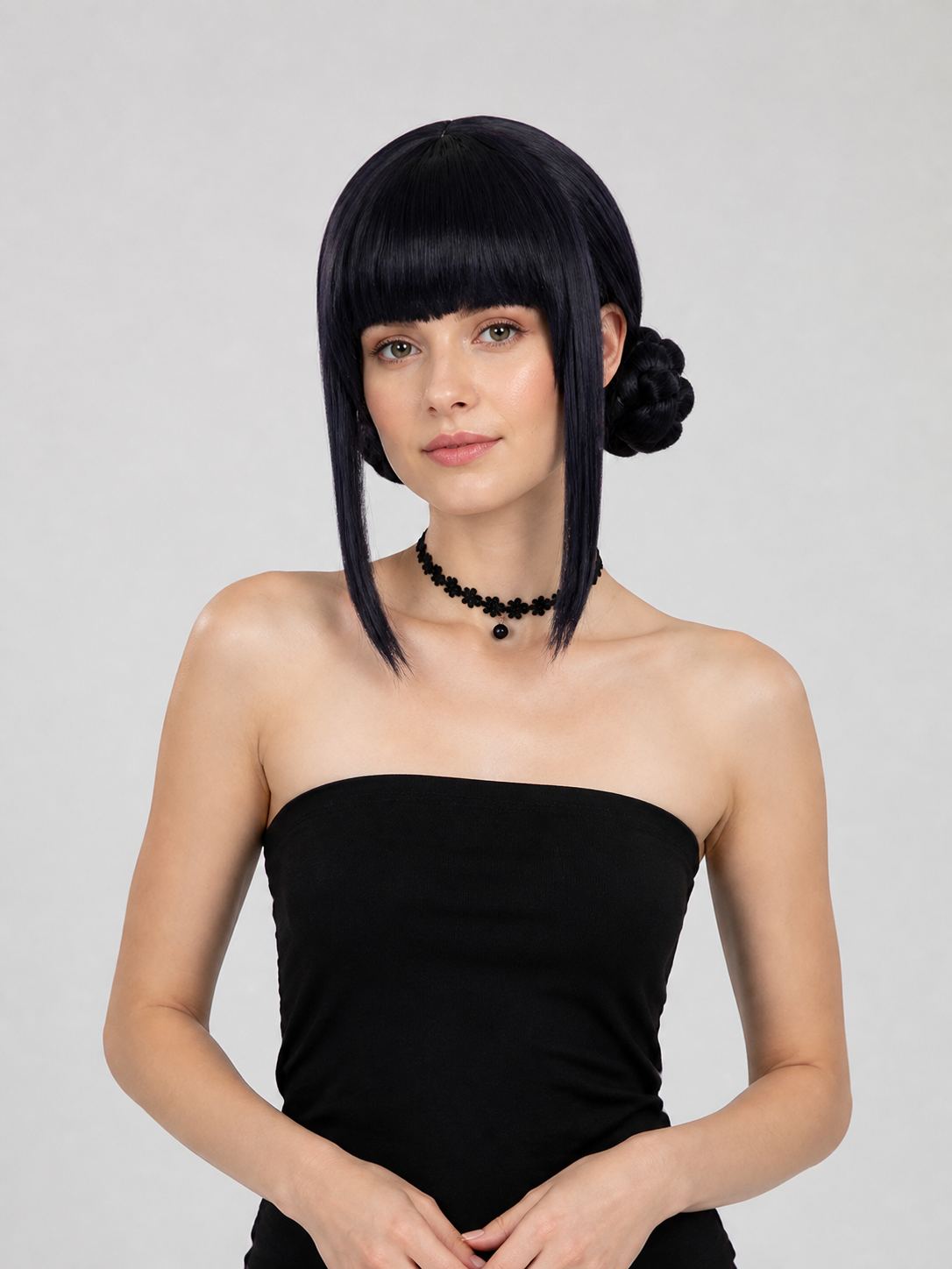 Black cosplay wig with two buns and bangs Costume Wigs detail