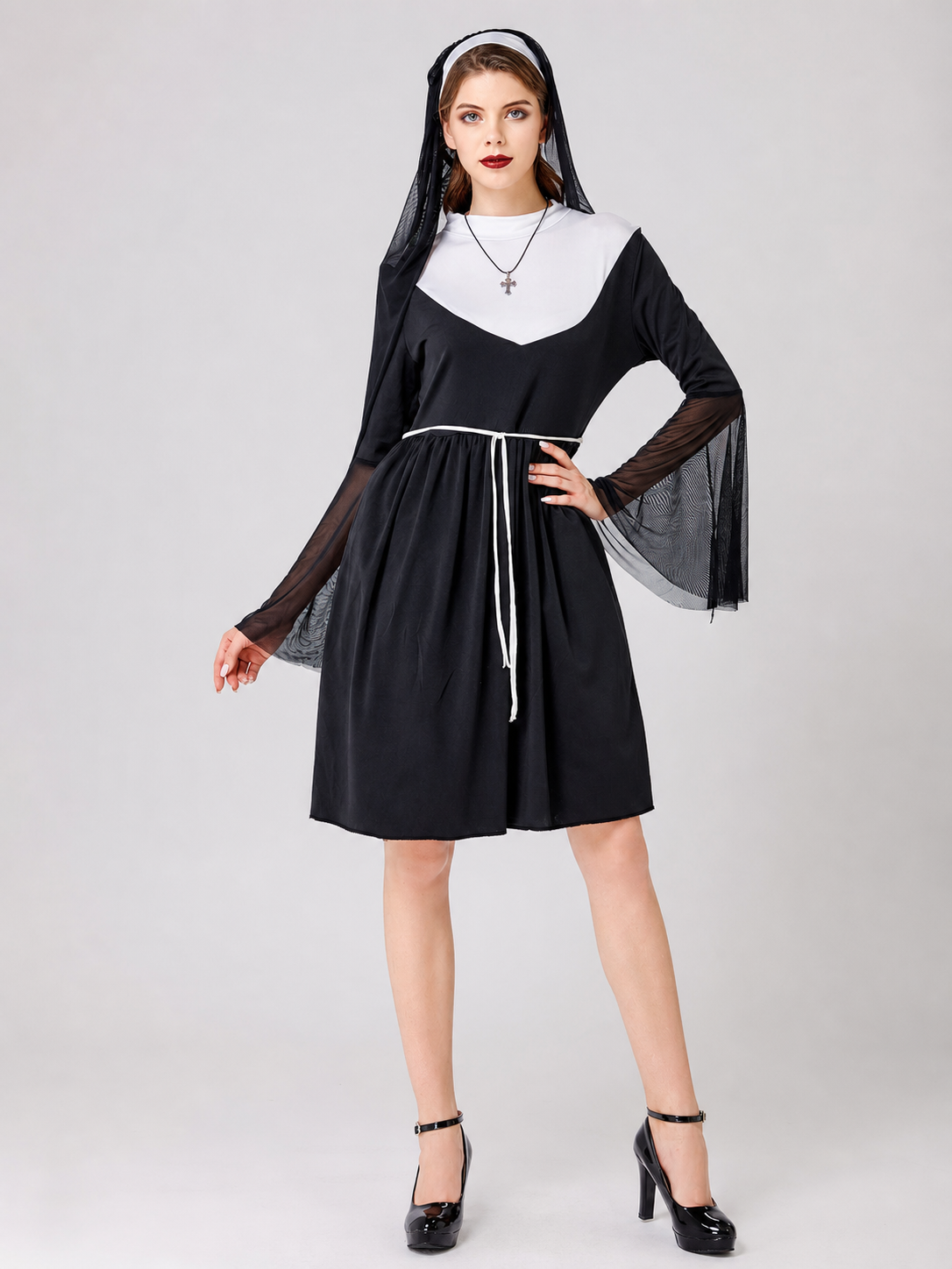 Robe Costume with Veil, White Collar, and Sleeves