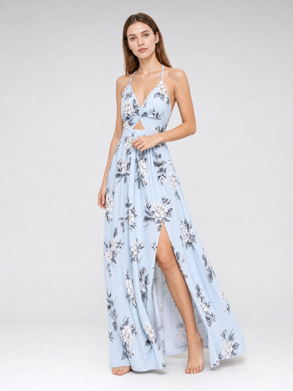 Maxi Dress with Floral Print and V-Neckline