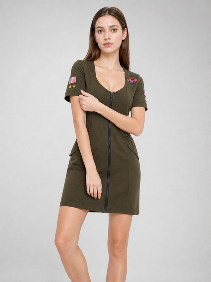 Military-Style Mini Dress with Zipper and Pockets