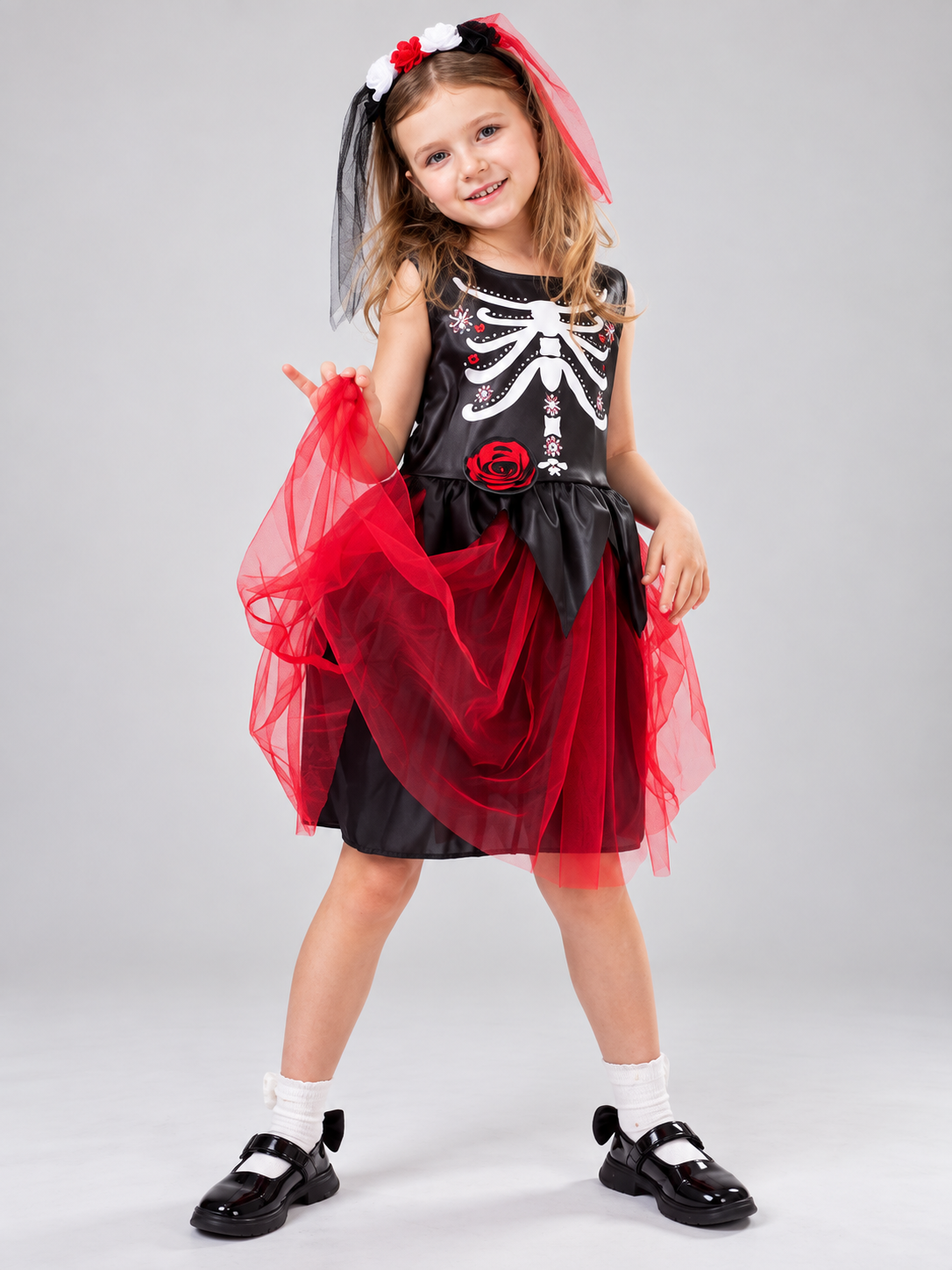 Carnival costume with mesh skirt, skeleton print, rose