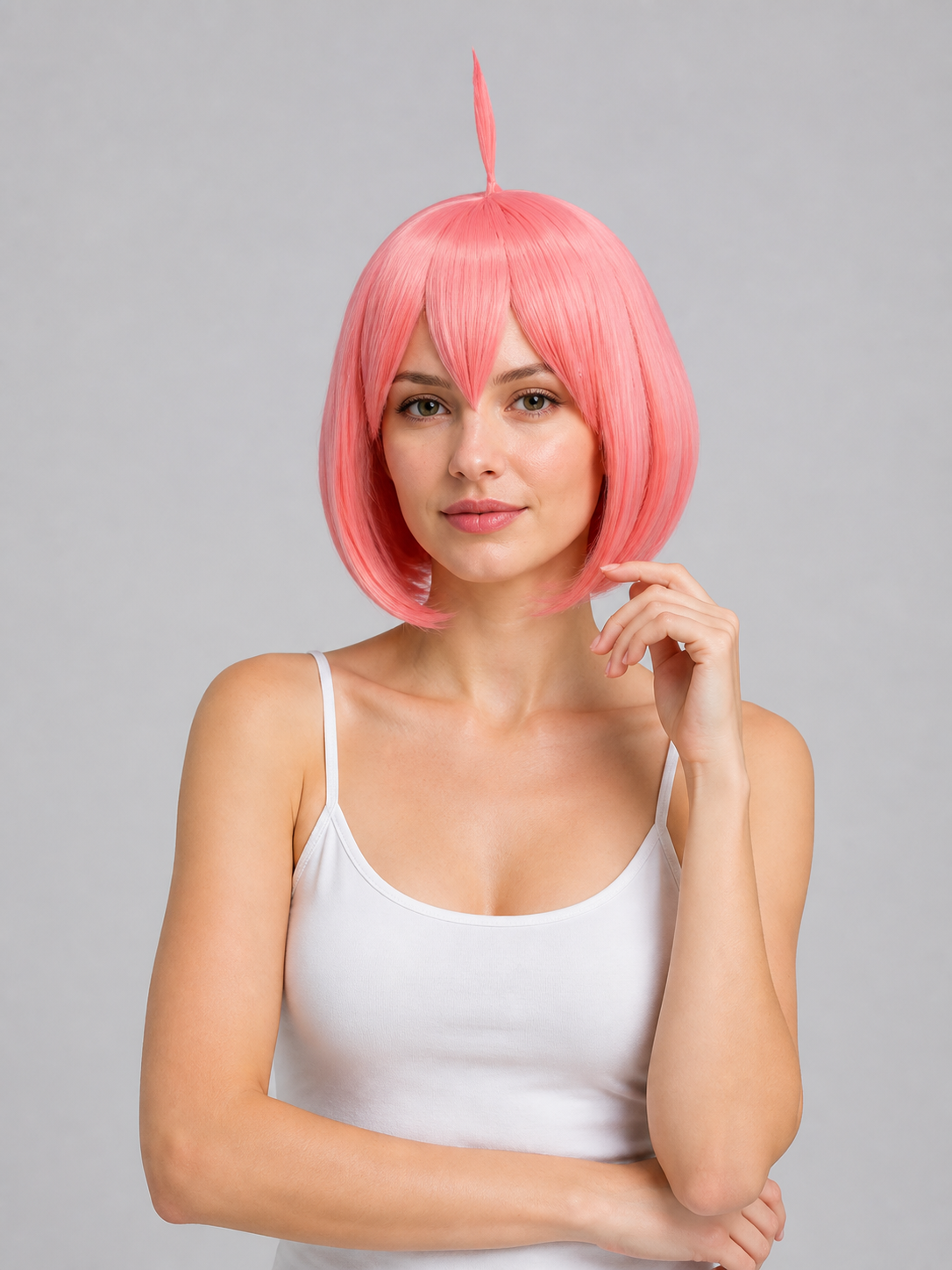 Pink Short Bob Cosplay Wig with Side-Swept Bangs Costume Wigs detail