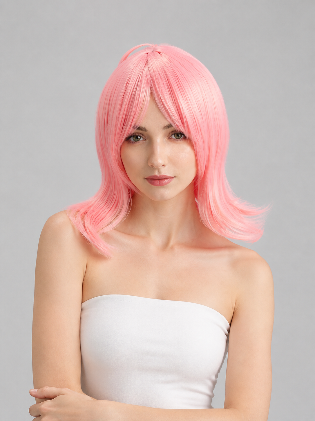 Pink Cosplay Wig with Bangs and Curled Ends Costume Wigs detail