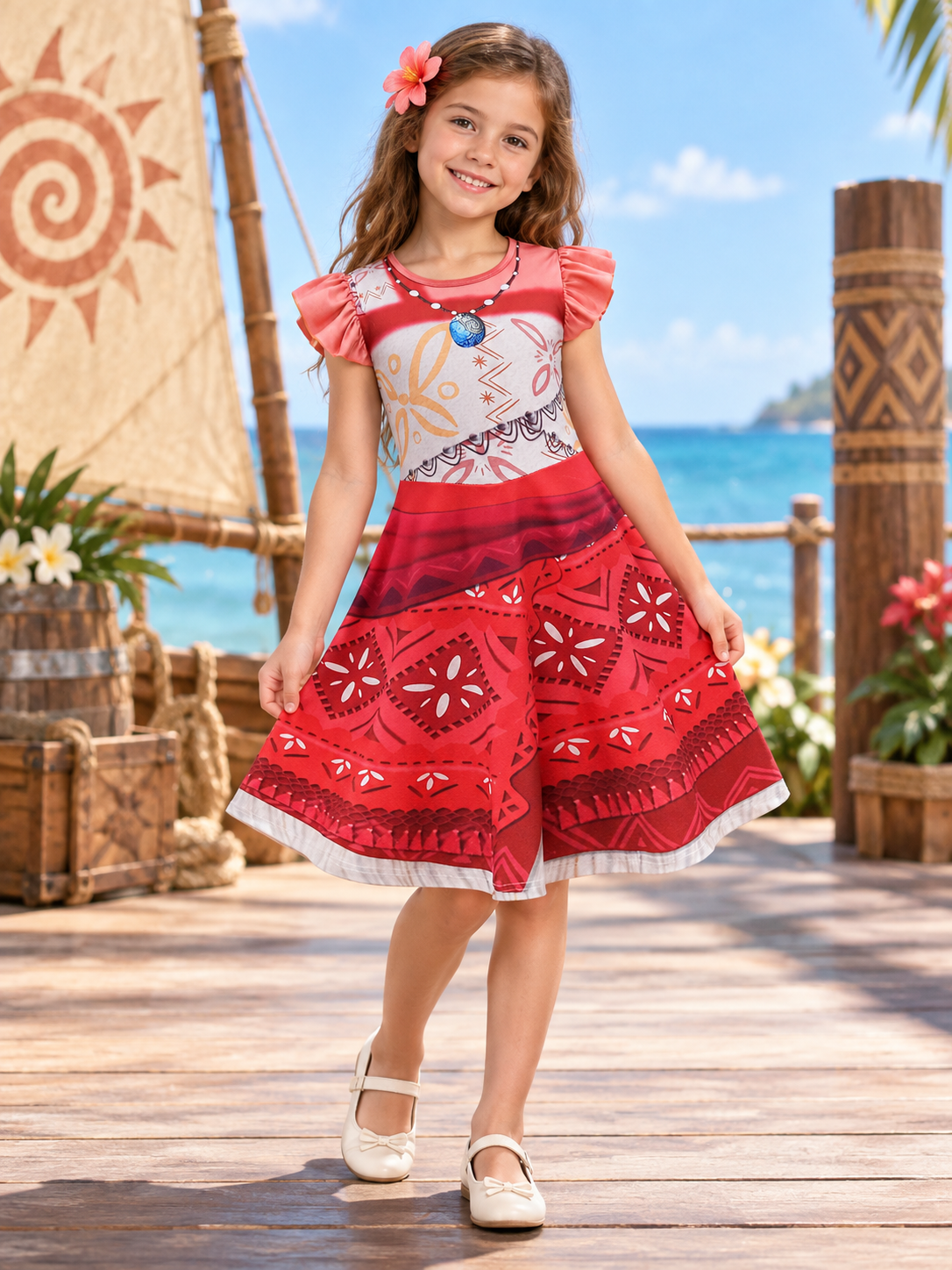 Girls' A-Line Dress with Geometric Print and Ruffles