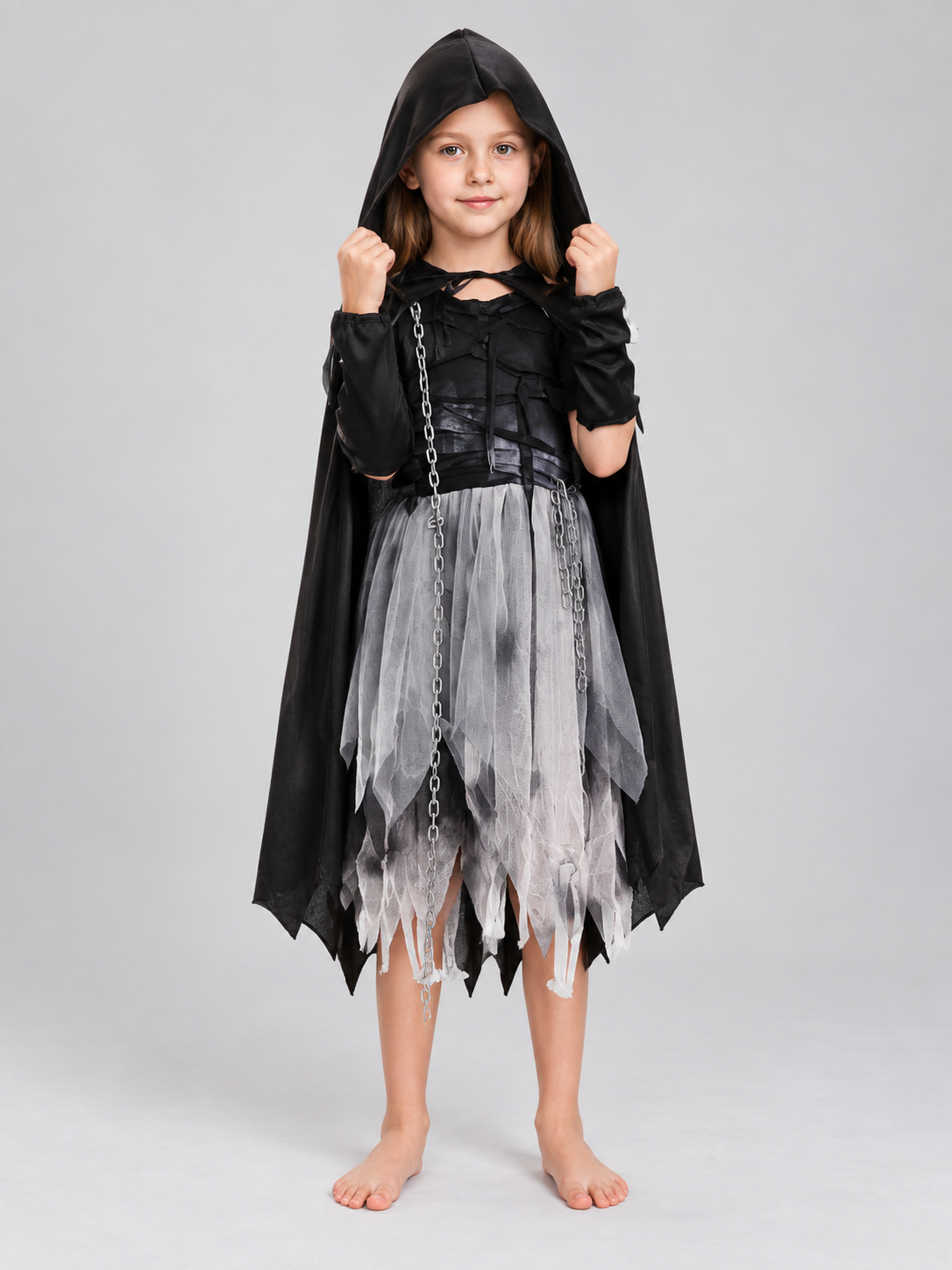Carnival Costume with Black Cape, Dress, and Chain