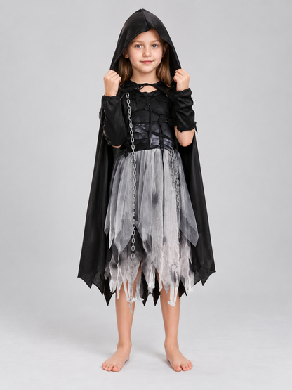 Carnival Costume with Black Cape, Dress, and Chain