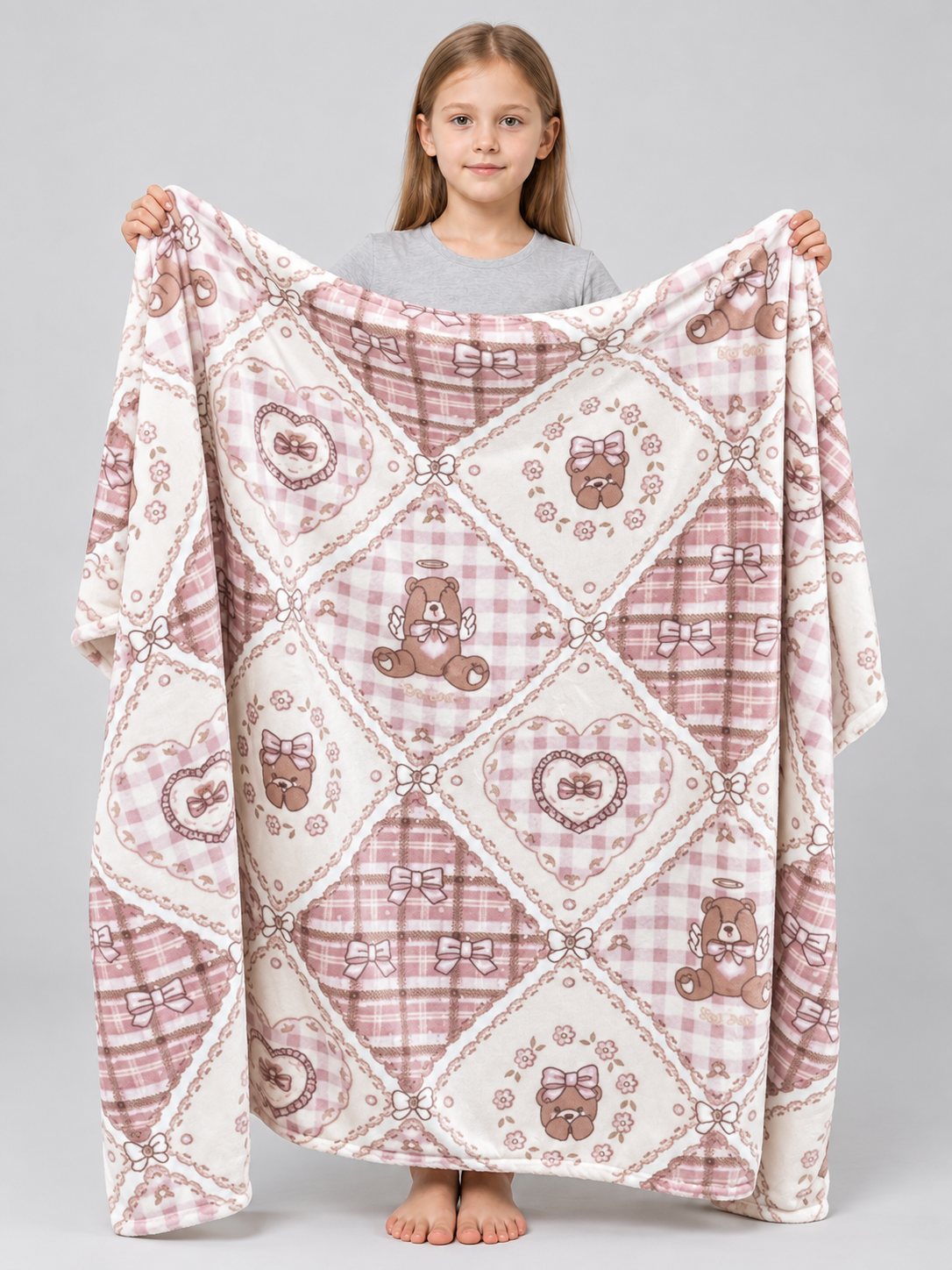 Reversible Fleece Blanket with Bears and Bows, Pink
