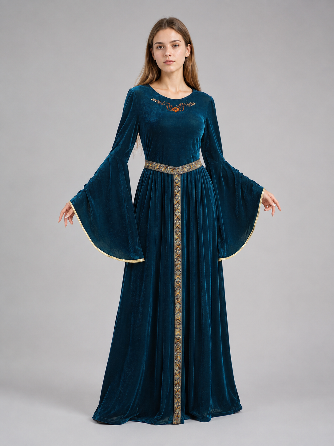 Floor-Length Velour Dress with Belt and Puff Sleeves Costume Dresses detail