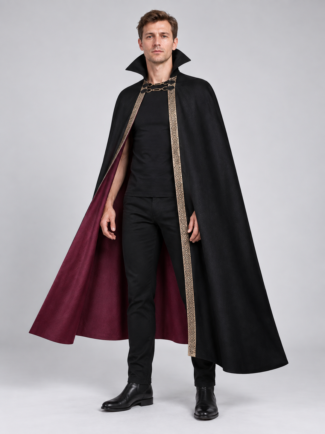 Cape Cloak with Burgundy Lining and High Collar Costume Capes detail