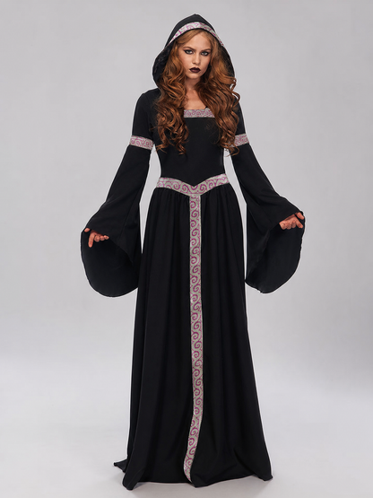 Black Gothic-Style Dress with a Hood and Wide Sleeves