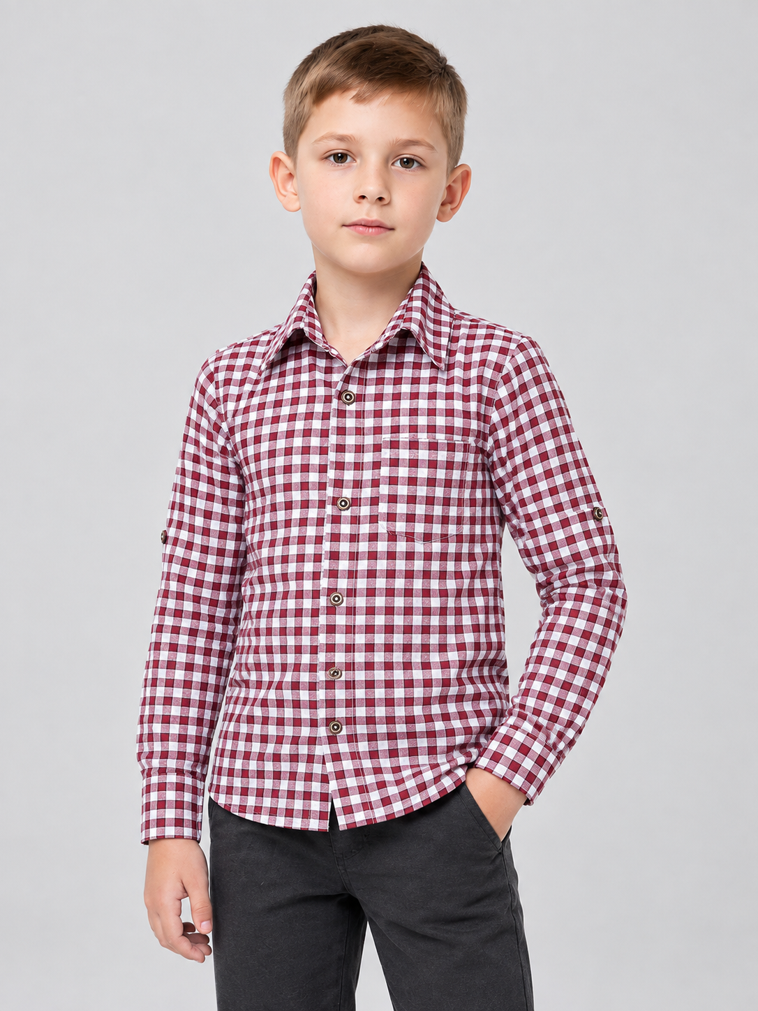 Kids' Long-Sleeve Plaid Shirt in Burgundy