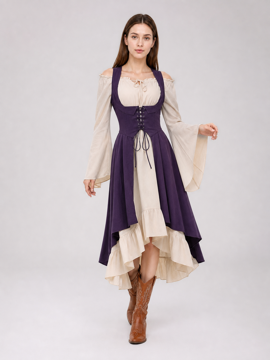 Purple Retro Lace-Up Pinafore Dress