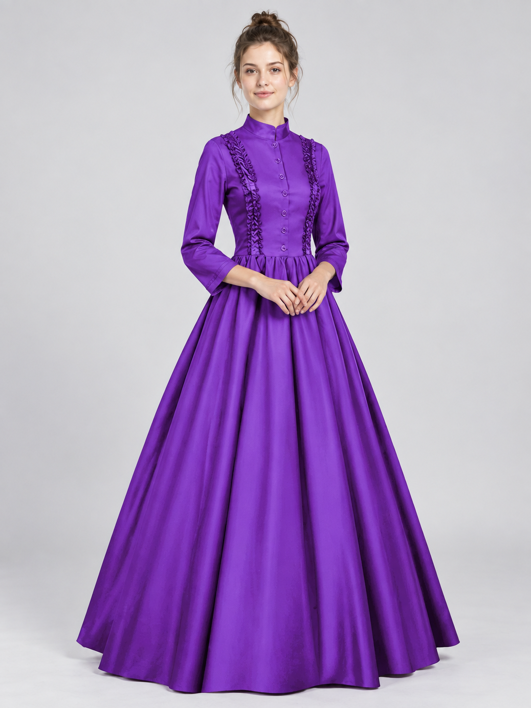 Purple Floor-Length Dress with High Collar and Lace