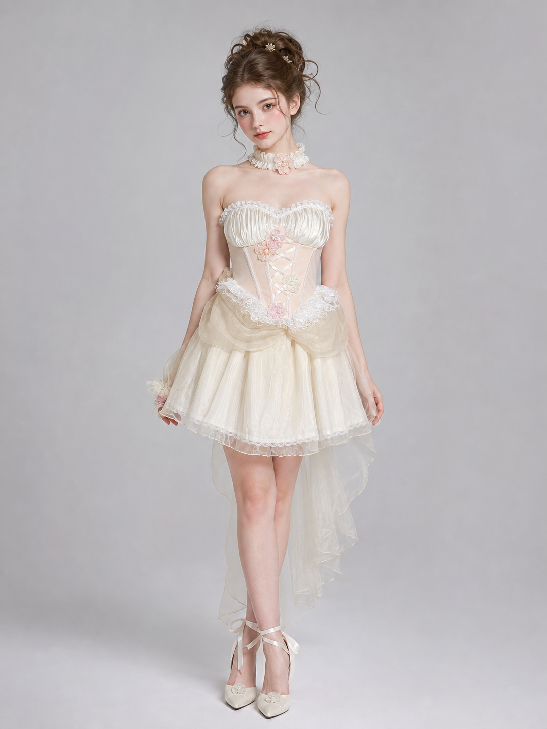 Cosplay Dress with Corset, Train, and Flowers