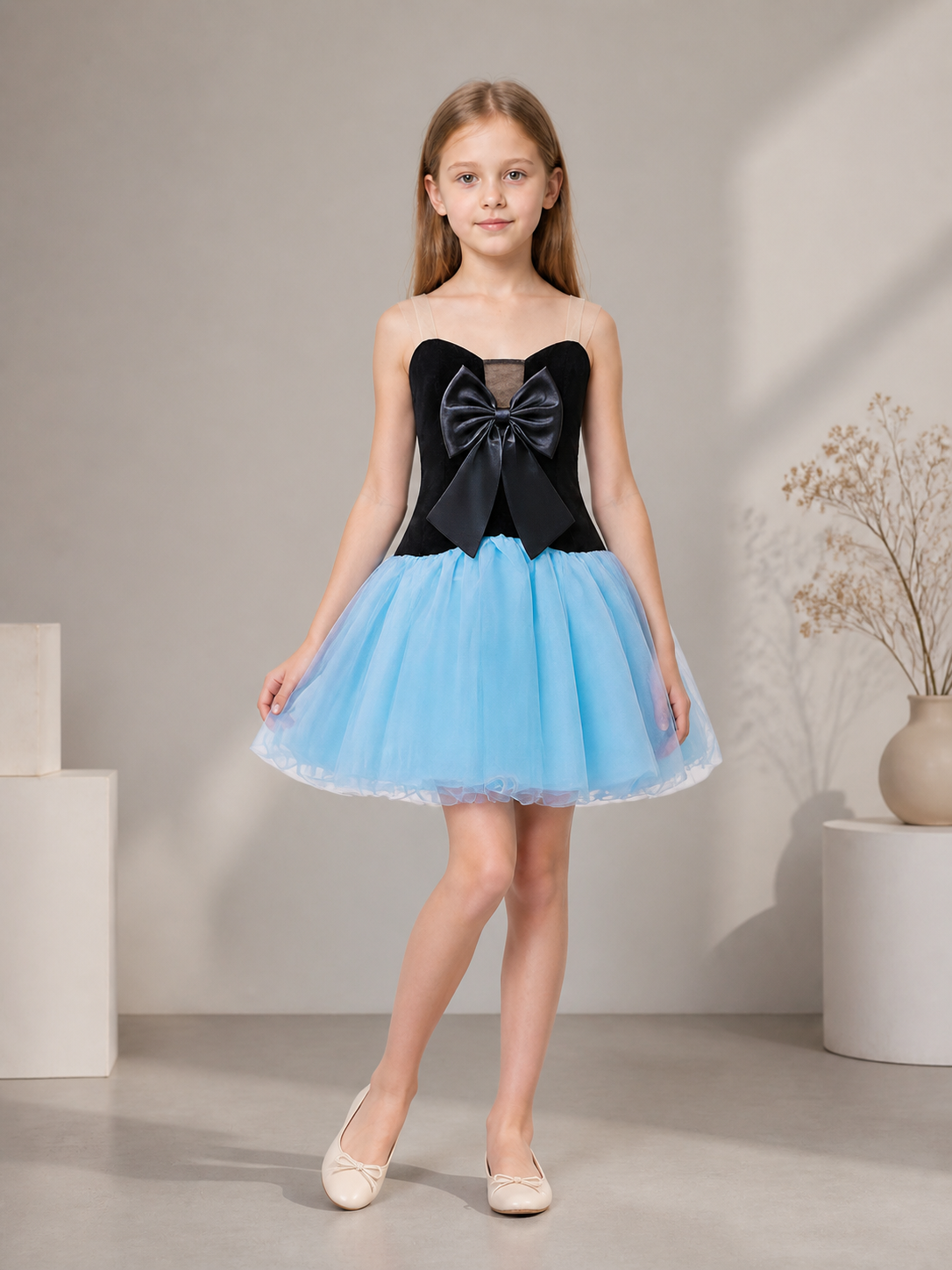 Black and Blue Dress with a Bustier Bodice and Full Skirt