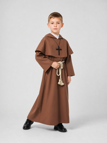 Brown hooded costume with cross
