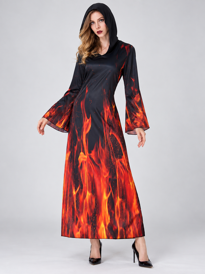 Carnival Dress with Hood, Black with Flame Print