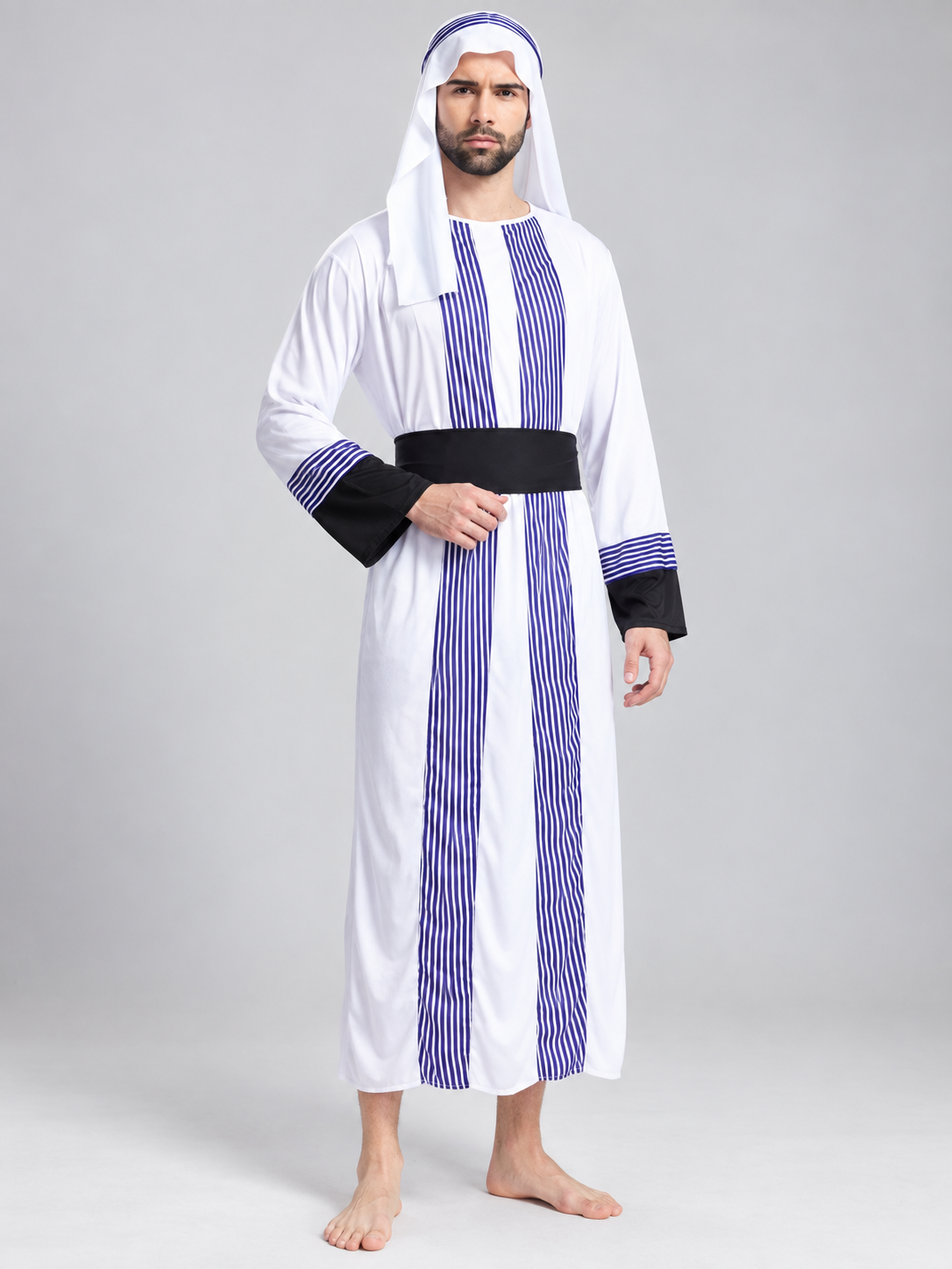 Sheikh Costume: Long Striped Robe, Headscarf, Belt