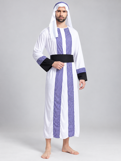 Sheikh Costume: Long Striped Robe, Headscarf, Belt