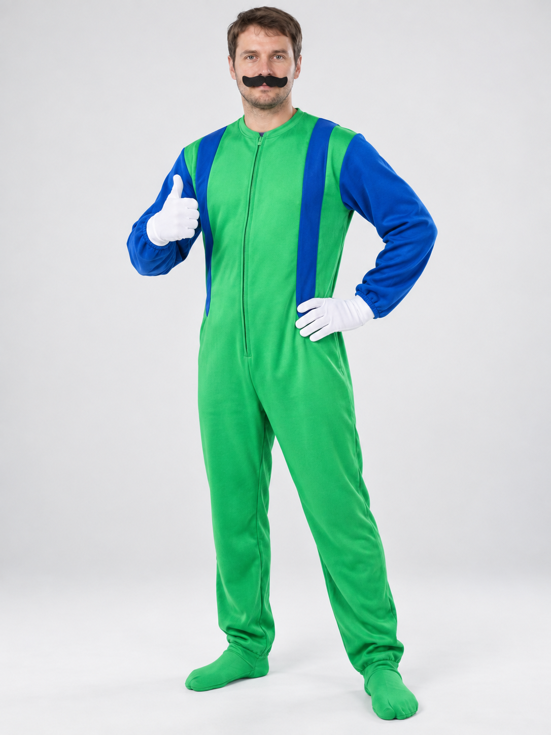 Super Mario costume with mustache and gloves