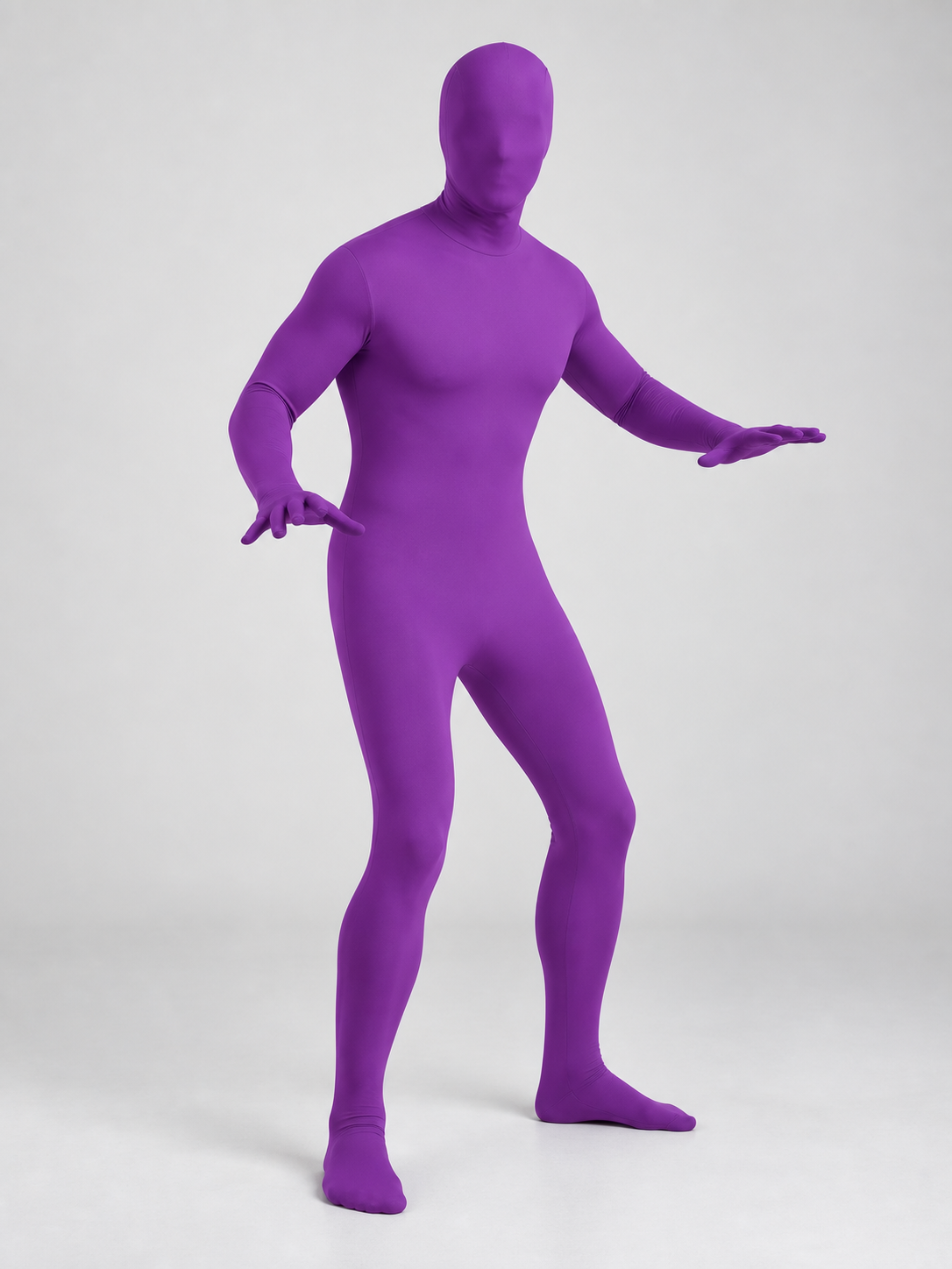 Purple jumpsuit costume with hood and long sleeves