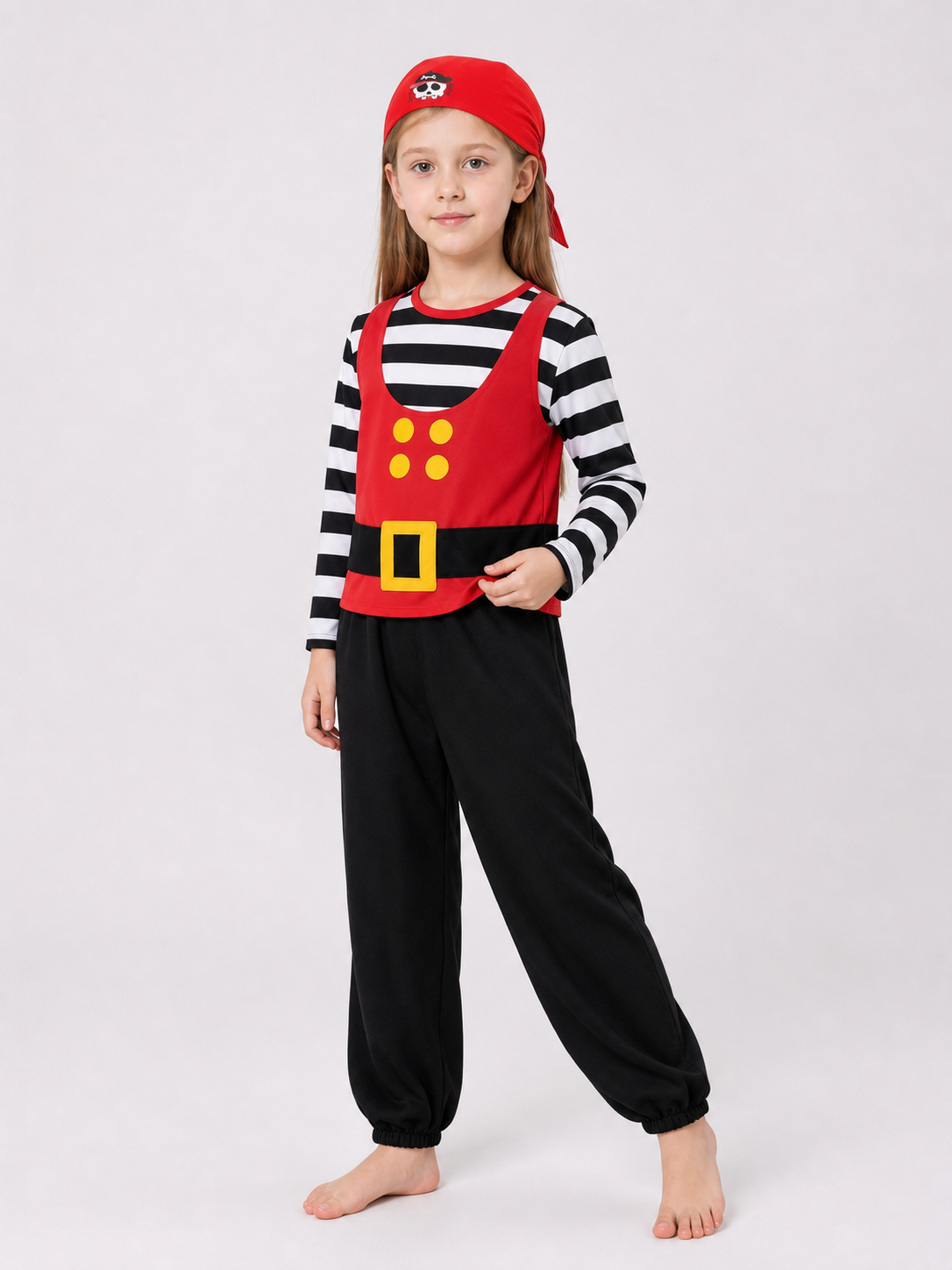 Girl modeling a red pirate costume with striped sleeves, black pants, yellow buckle detail and red skull-print bandana