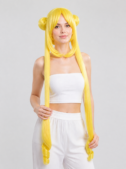 Blonde Anime Wig with Bangs, Double Buns for Cosplay Costume Wigs detail
