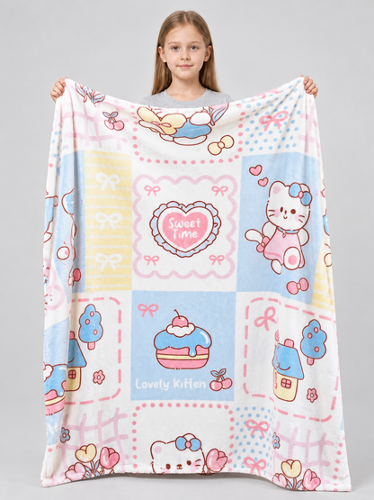Blanket with Pastel Print and Cartoon Kitten