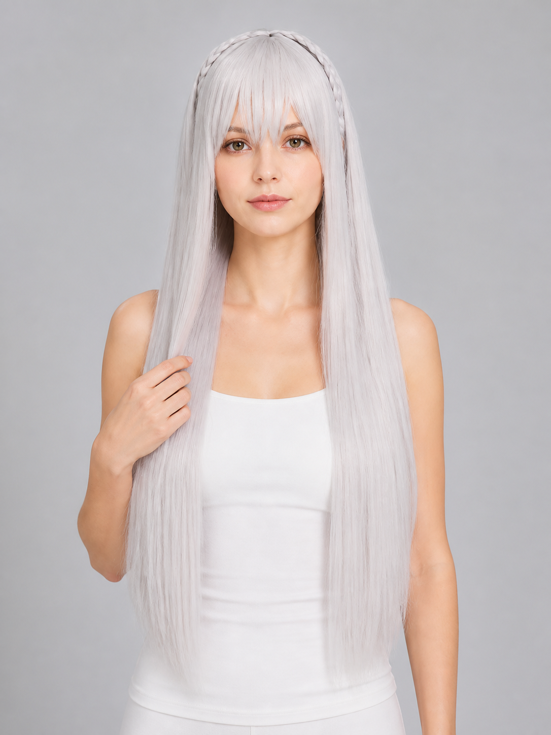 Long Silver Cosplay Wig with Bangs Costume Wigs detail