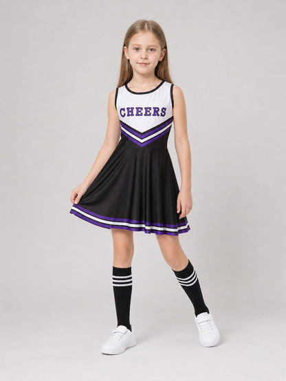 Cheerleading costume with pom-poms, dress, and leg warmers