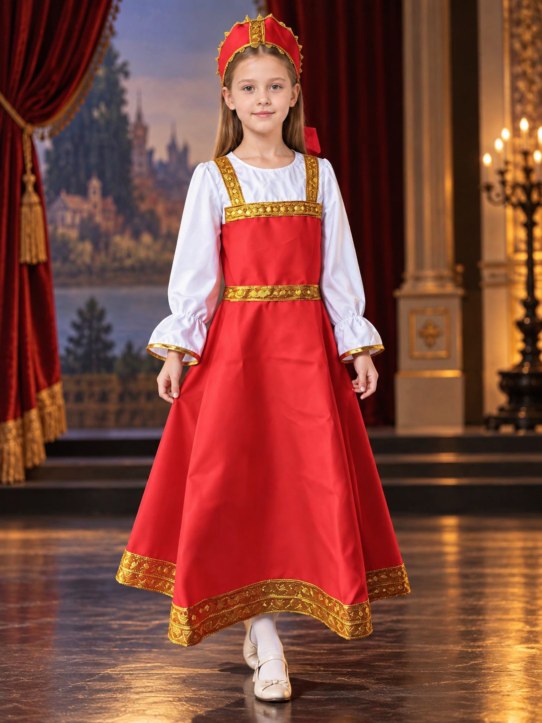 Long Red Dress with Gold-Tone Trim Costume Dresses detail