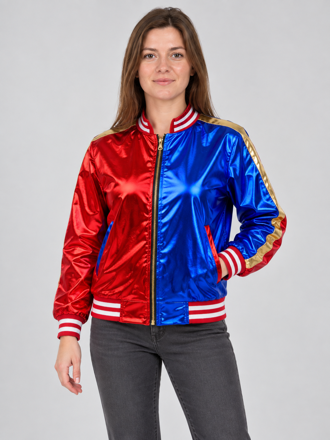 Harley Quinn Cosplay Jacket Blue and Red with Gold Embroidery
