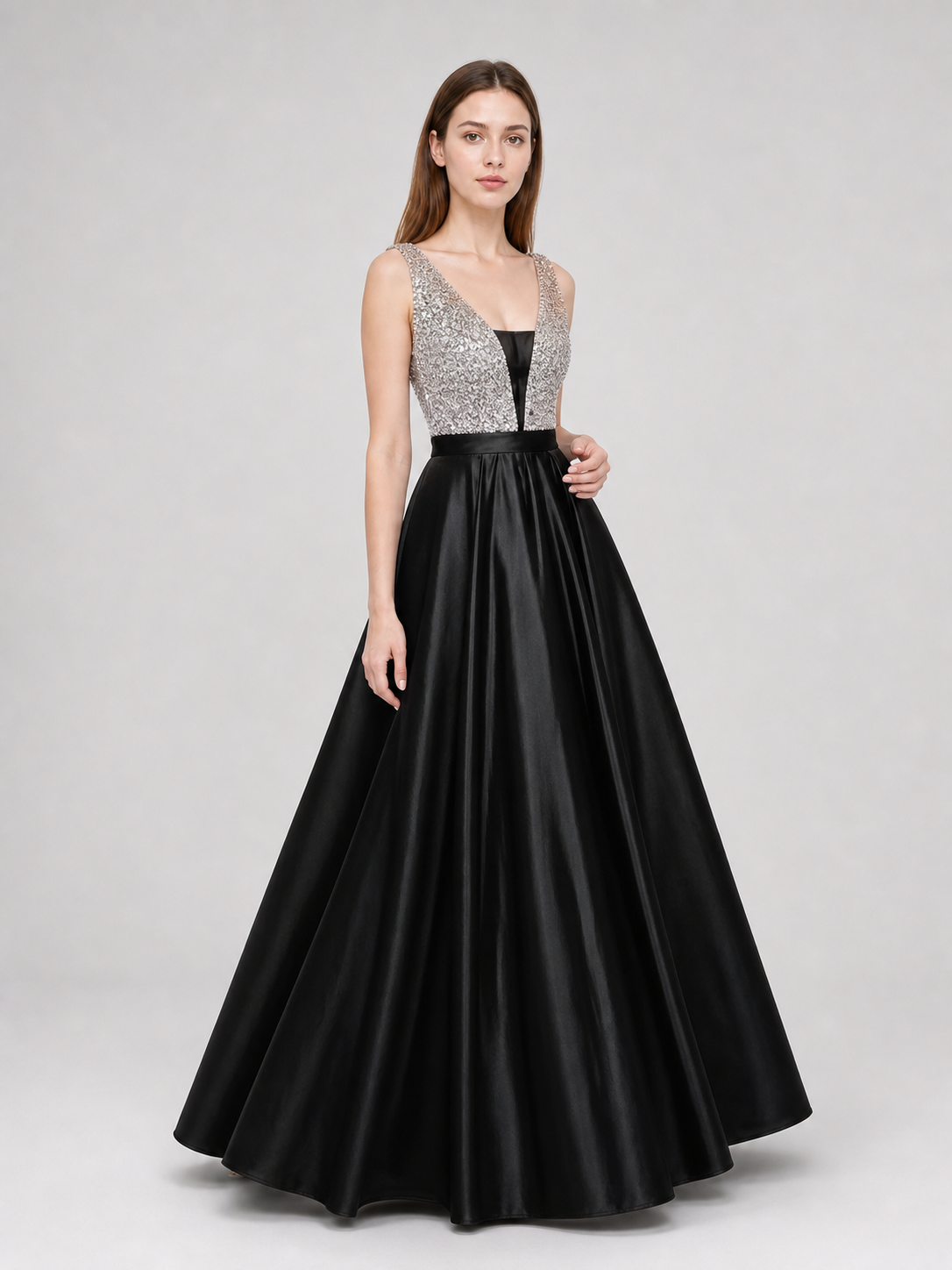 Long Evening Dress with a Deep V-Neckline