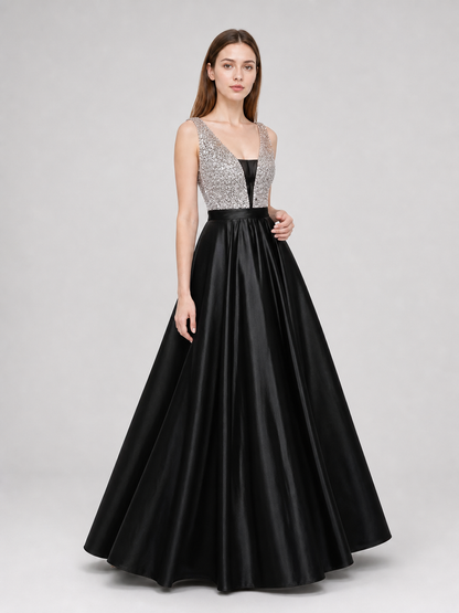 Long Evening Dress with a Deep V-Neckline
