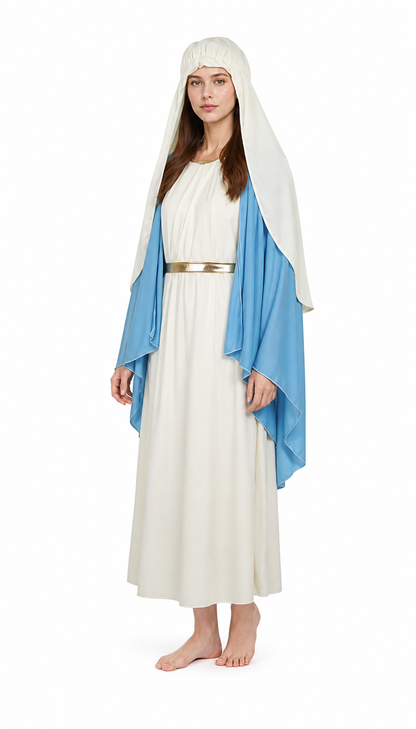 Side profile of a model wearing a white robe, blue draped cape, gold sash, and long white head covering