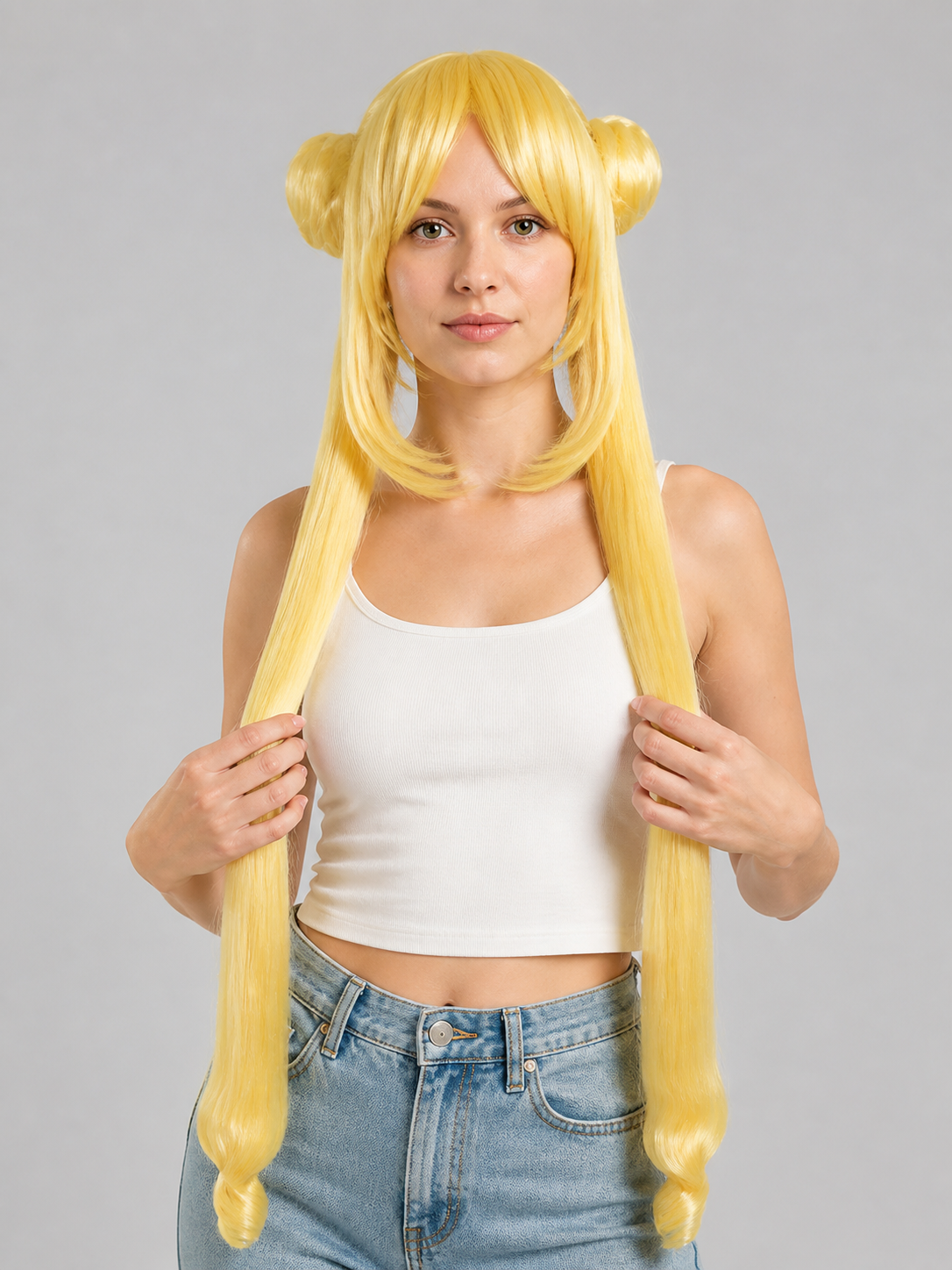 Gold-Colored Carnival Wig with Double Buns Costume Wigs detail
