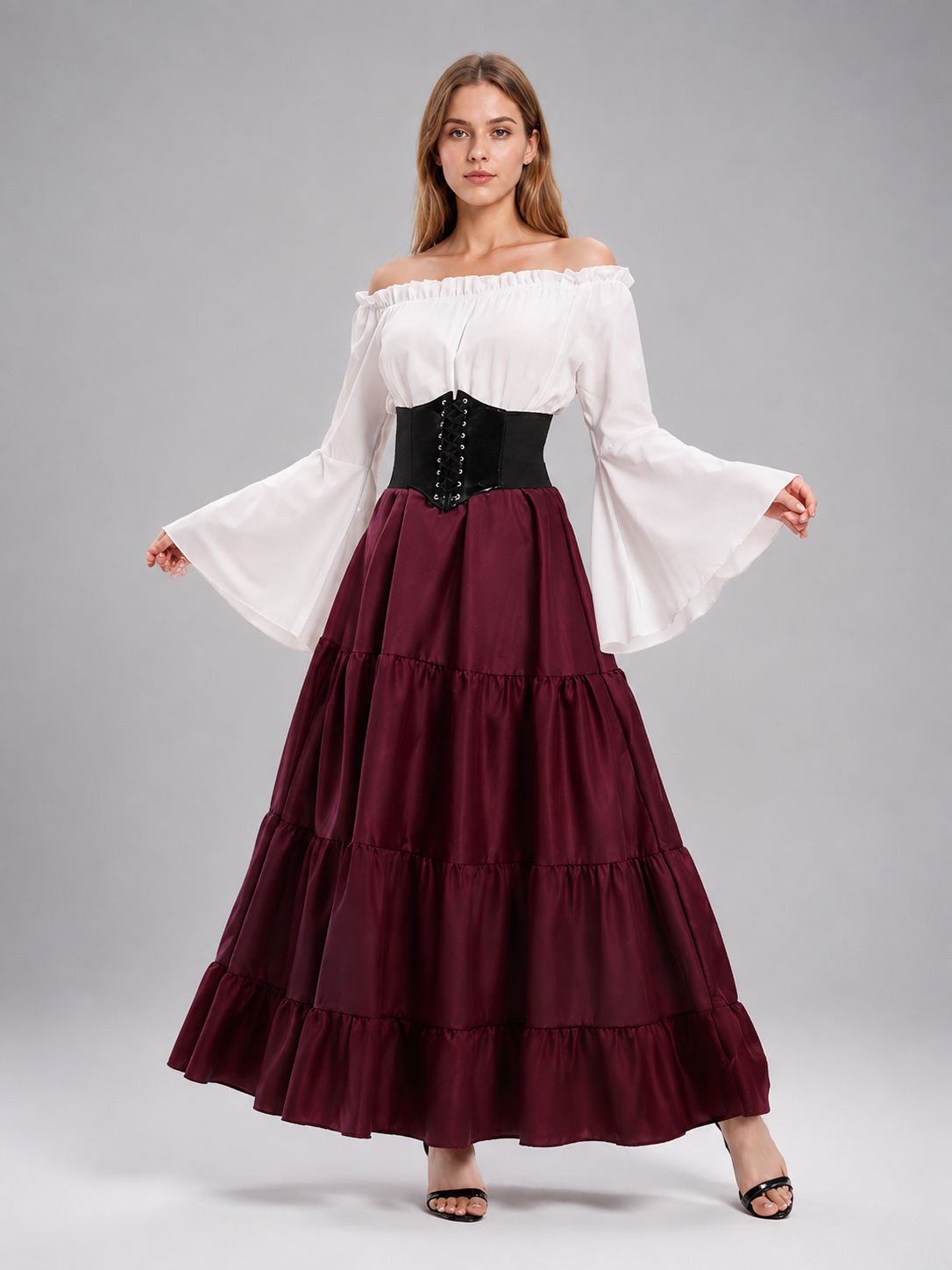 Floor-Length Dress with a Corset Belt and Tiered Skirt Costume Dresses detail