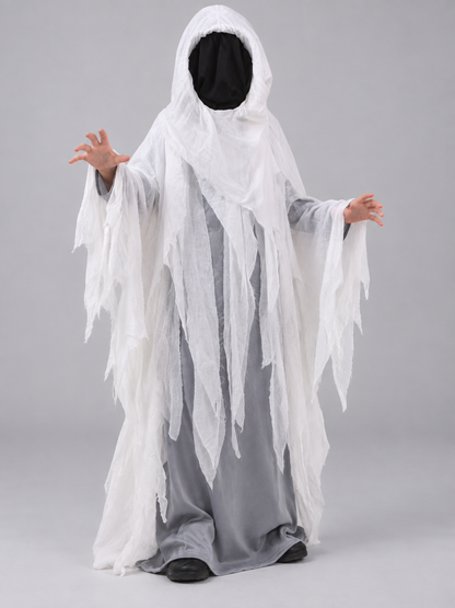 Ghost Costume with White Hood and Torn Edges