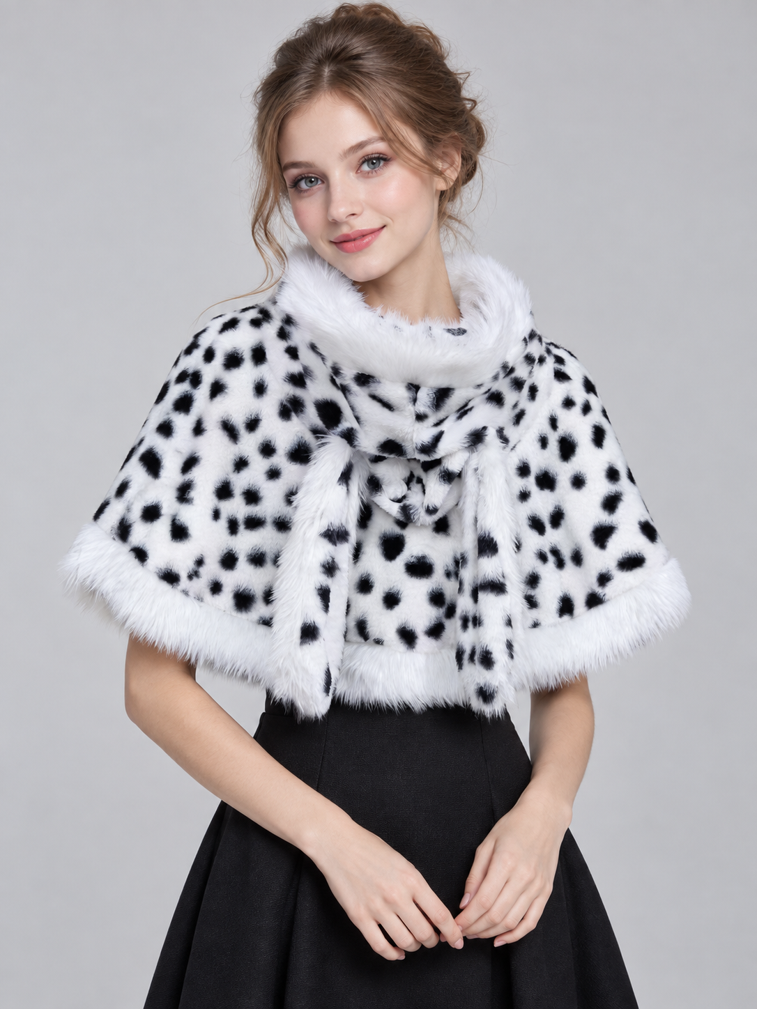 White Faux Fur Cape with Black Spots