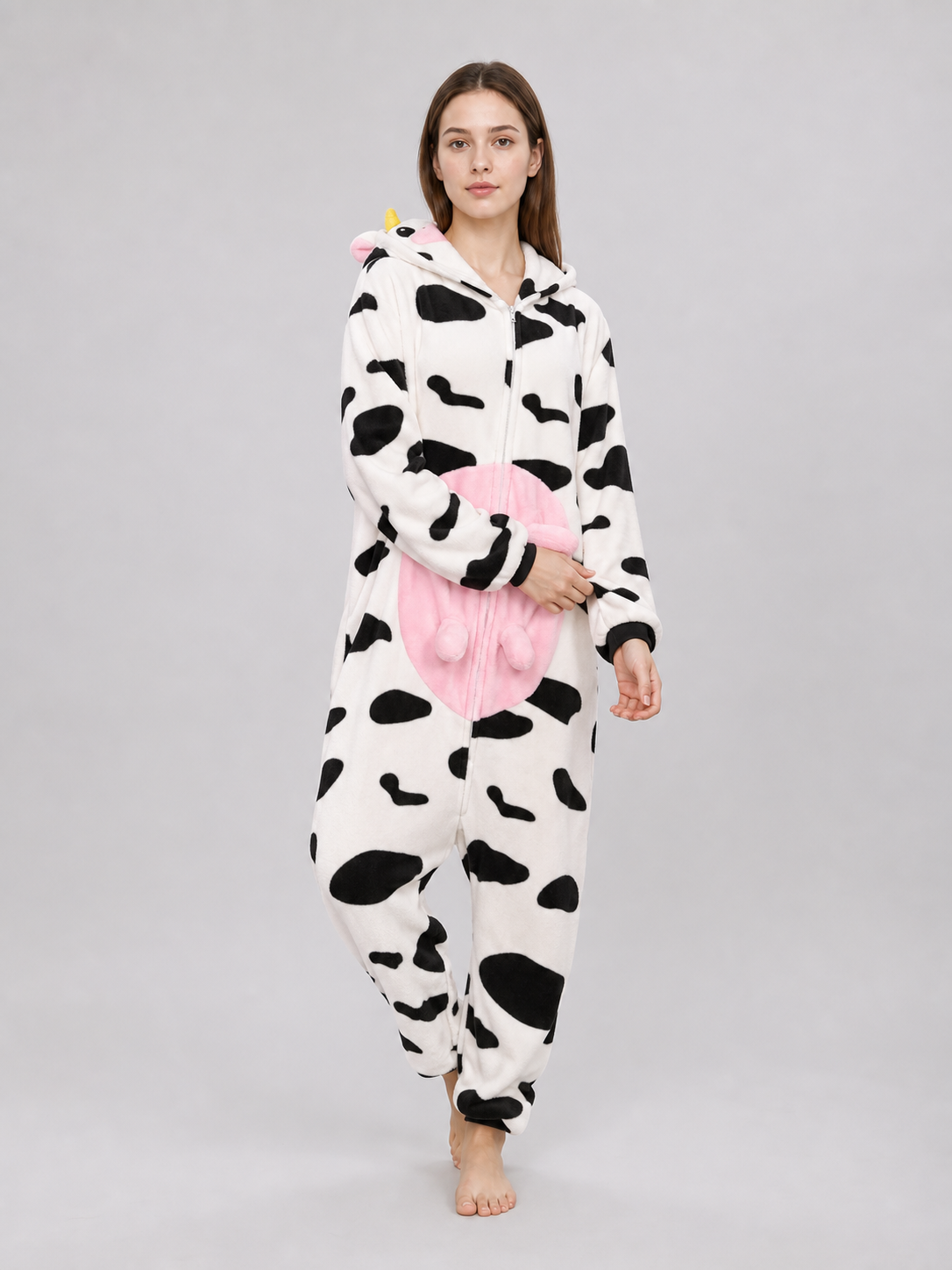 Cow-Print Hooded Kigurumi Jumpsuit